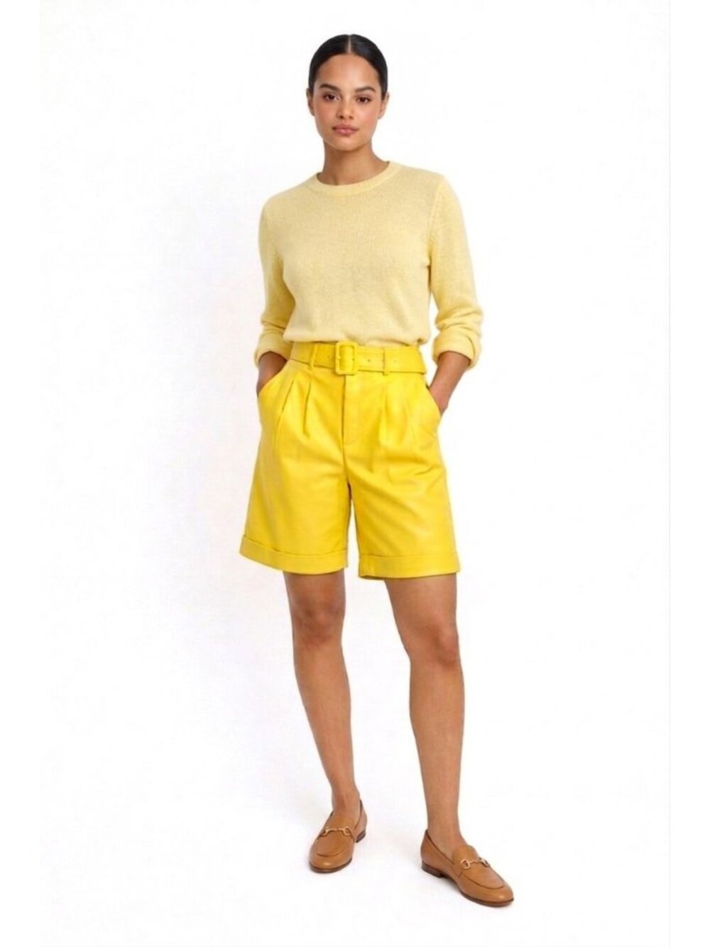 INC International Concepts Faux Leather Bermuda Shorts Yellow Pleated L